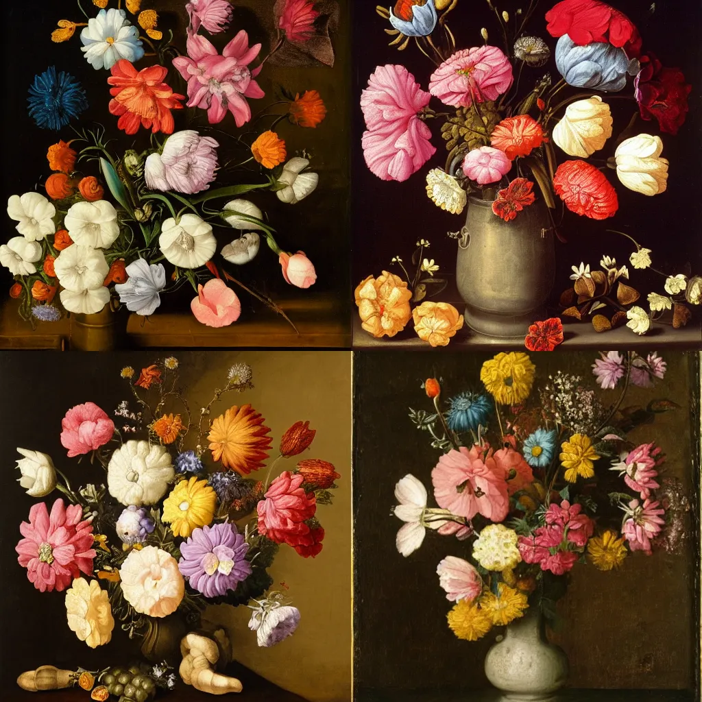 Prompt: assorted flowers still life circa 1615, dramatic lighting, oil on linen