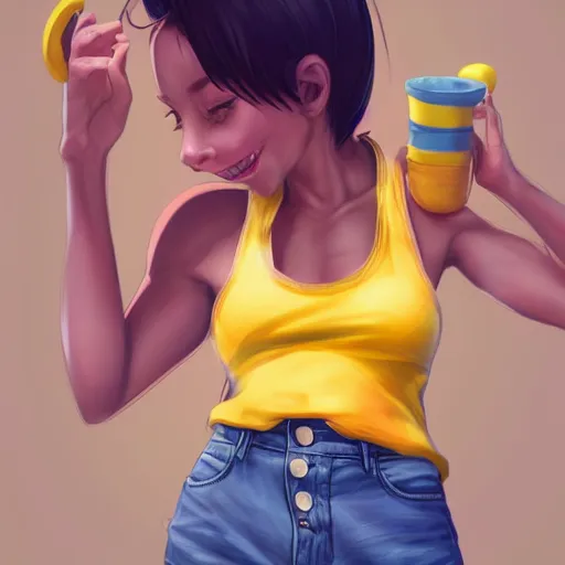 Image similar to anthropomorphic mouse wearing denim short shorts and yellow tank top, highly detailed, artgerm style, artstation, soft light, sharp focus, illustration, character design, concept art