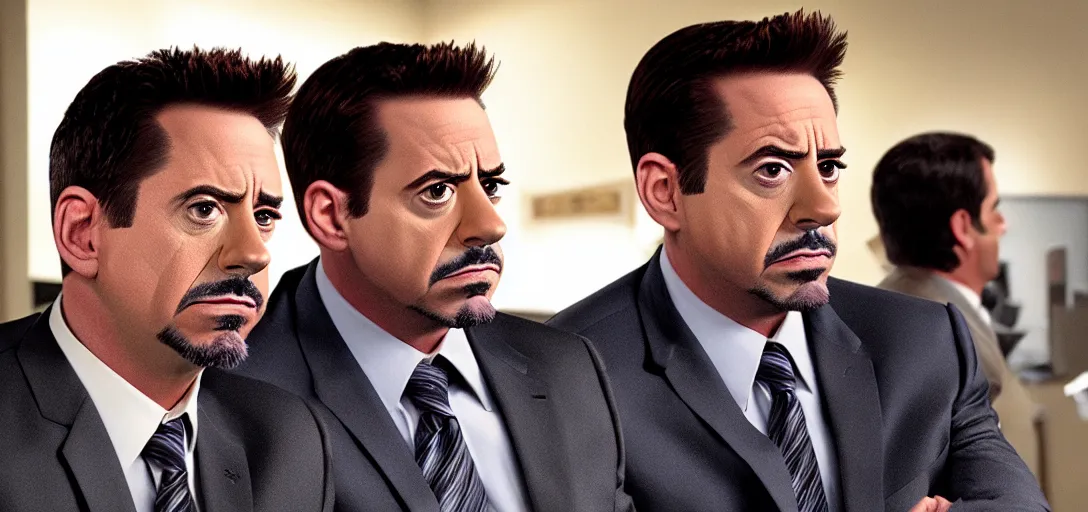 Image similar to a very high resolution image of tony stark and micheal scott. from an episode of the office. photorealistic, photography