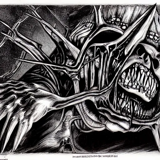 Prompt: evil dead 4 concept art drawn by h. r. giger