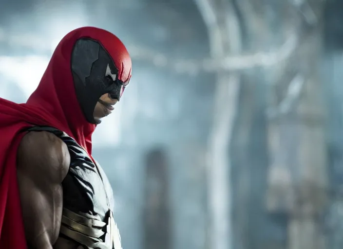Image similar to film still of michael b jordan as spawn in the new spawn movie, giant chains, large cape, 8 k