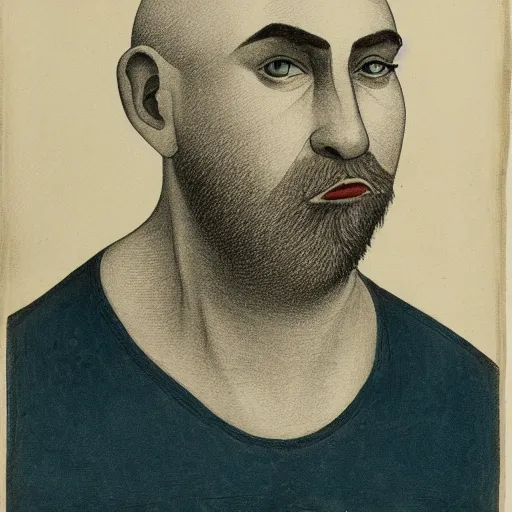 Prompt: portrait of bald short - bearded man with round face, small eyebrows, wide lips and kind blue eyes, minimalictic black and white, ink, pencil