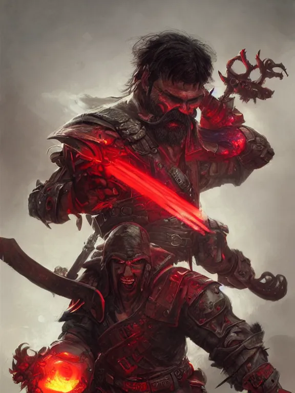 Prompt: Dr Disrespect fighting against an Orc, red lighting, time warping, D&D, fantasy, highly detailed, digital painting, trending on artstation, concept art, sharp focus, illustration, art by artgerm and greg rutkowski and magali villeneuve