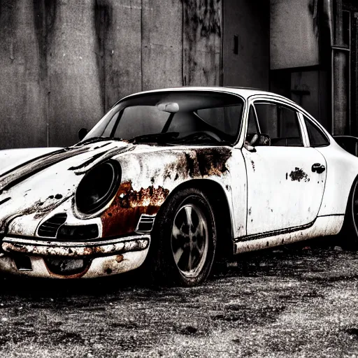 Prompt: black and white press photograph of a rusted abandoned porshe 9 1 1 on an empty abandoned city street, full view, detailed, natural light, mist, film grain, soft vignette, sigma 5 0 mm f / 1. 4 1 / 1 0 sec shutter, imax 7 0 mm footage