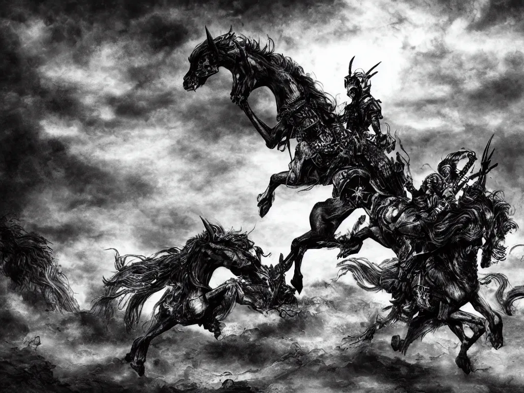 Image similar to black and white detailled illustration of death riding a pale horse over a wasteland in the style of yoshitaka amano / cinematic composition