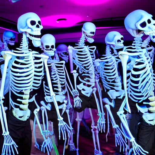 Image similar to photo, a giant crowd of realistic anatomically correct claymation skeletons dancing sensually and cool inside a colorful futuristic night club, blue edge lighting
