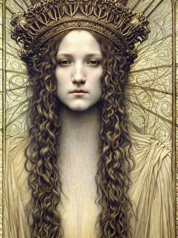 Image similar to detailed realistic beautiful young medieval queen face portrait by jean delville, gustave dore and marco mazzoni, art nouveau, symbolist, visionary, gothic, pre - raphaelite. horizontal symmetry