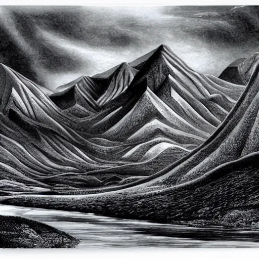 Image similar to A large picturesque mountain with a river flowing between them by HR Giger