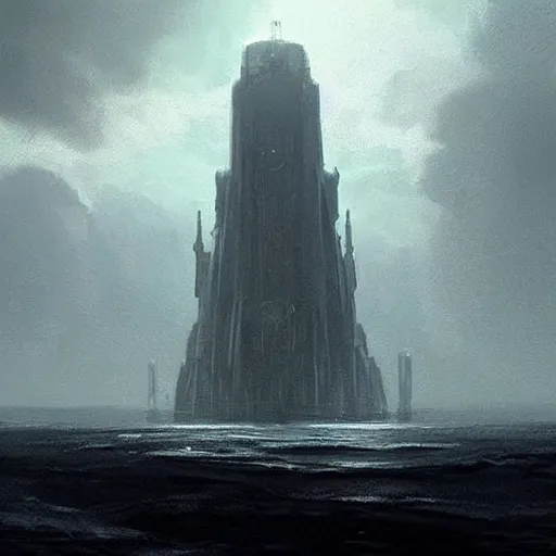 Image similar to star wars concept art by greg rutkowski, a palatial and imposing grey wide tower emerging from the sea in the middle of a ocean landscape, enigmatic atmosphere, beautiful and cinematic lighting, artstation hq.