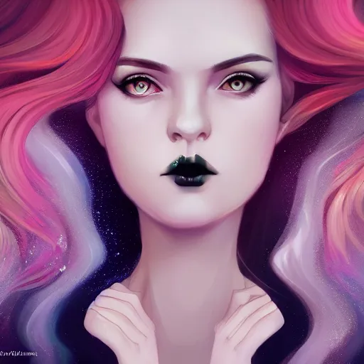 Image similar to portrait of a woman inspired by lois van baarle, charlie bowater, anna dittmann, illustration, iridescent, iridescent hair, face, hair styles, goth makeup, glitter, self confidence, cinematic 8 k