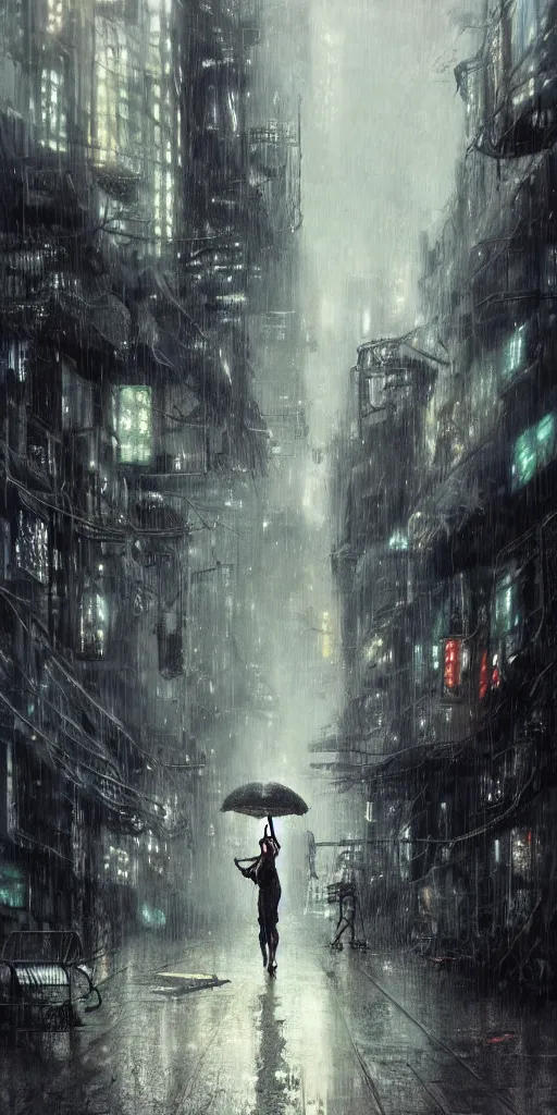 Prompt: a concept art landscape of a woman in the foreground, back to camera, standing in a claustrophobic neotokyo city, standing in the rain with an umbrella, wet, emphasis on tall buildings, dirty, low angle, neotokyo, japanese by greg rutkowski, highly detailed background, intricate