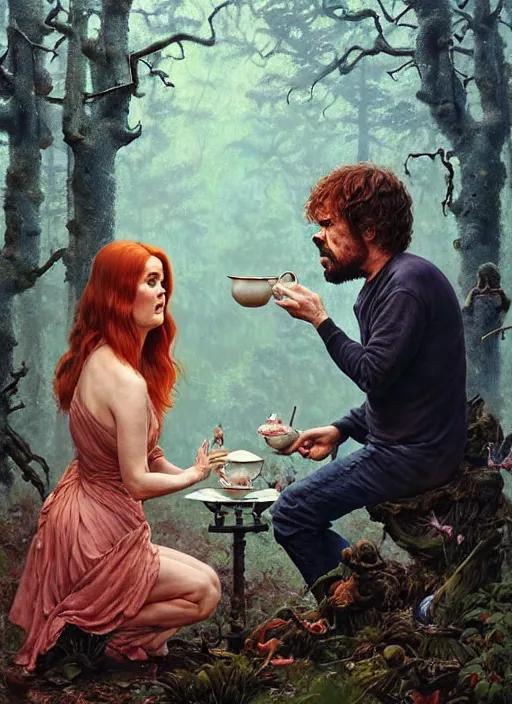 Prompt: peter dinklage having tea with isla fisher at a shrine in the woods gorgeous lighting, lush forest foliage blue sky a hyper realistic painting by chiara bautista and beksinski and norman rockwell and greg rutkowski weta studio, and lucasfilm