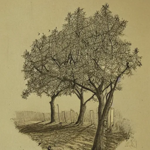 Prompt: A beautiful illustration depicting a farm scene. The illustration shows a view of an orchard with trees in bloom. ink drawing, illuminated codex gilded by Paul Barson cosy