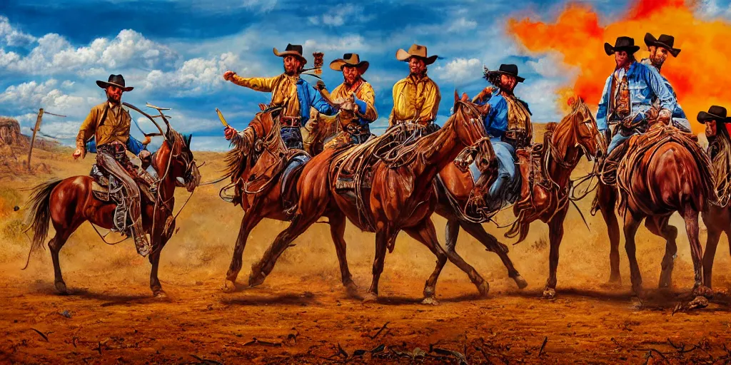 Prompt: photorealist painting of wild west western gunfight, cowboy shootout, vivid colors, warm colors, high production value, intricate details, high resolution, hyperrealistic, hdr, high definition, masterpiece, ultra realistic, highly detailed, hd, sharp focus, non blurry, sharp, smooth