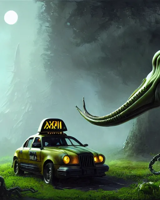 Image similar to xenomorph taxi car in a fantasy village, calming, uplifting mood, ultra realistic, farm, small buildings, highly detailed, atmosphere, masterpiece, epic lighting, elves, green plants, magic, illuminated, 4 k, cinematic, morning sun, art by eddie mendoza and sylvain sarrailh and jonathan berube