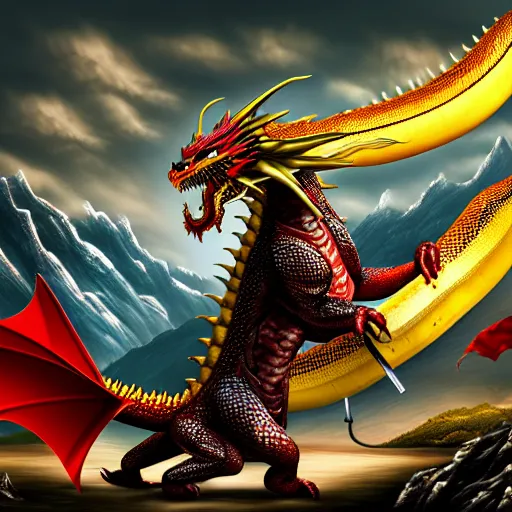 Prompt: Chinese president, bananas weapon, battle the dragon, centered, highly detailed, mountains, epic composition, background, fantasy art, 8k