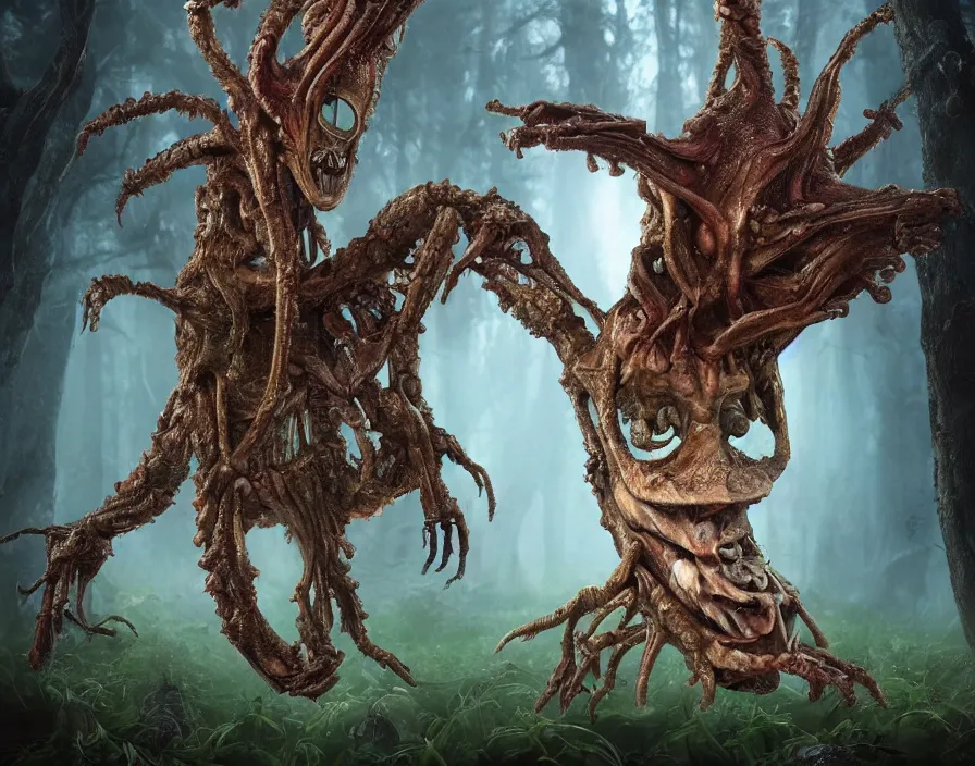 Prompt: a weird alien creature made entirely out of brains. Highly detailed. 8k. Fantasy horror. Located in a magical forest with glowing mushrooms