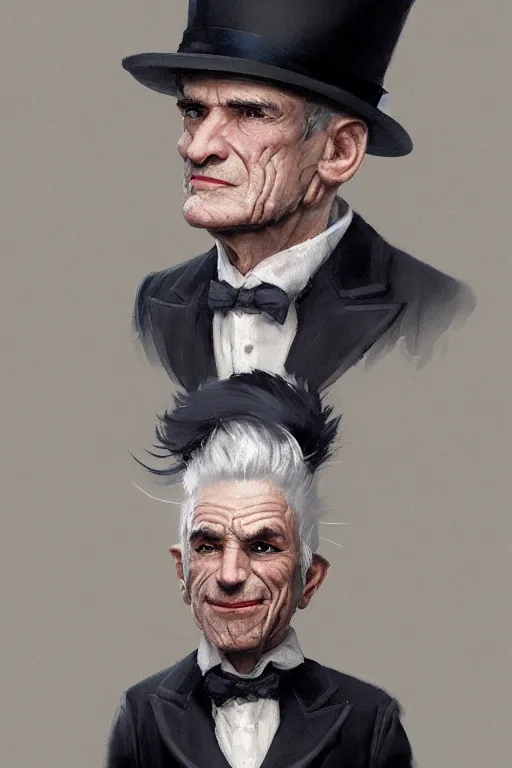 Image similar to a grey hair old halfling with no beard stubble top hat and suit by Greg Rutkowski, painting, portrait, HD, high details, trending on artstation