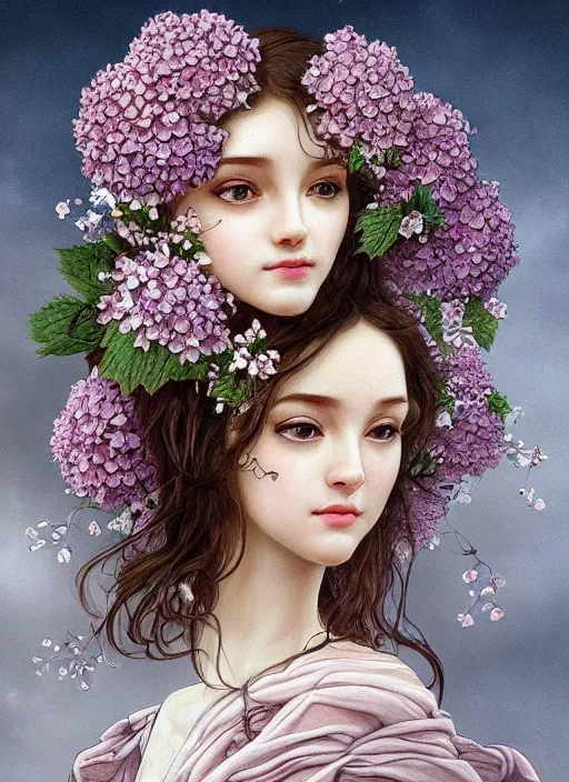 Image similar to a photographic portrait of a anthropomorphic hydrangea blossom, very very pretty face!!!!, fantasy, wind blowing hair, intricate, elegant, highly detailed, digital painting, artstation, concept art, smooth, sharp focus, illustration, art by artgerm and h r giger and alphonse mucha