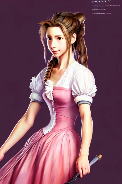 Image similar to subject : detailed full body portrait illustration of aerith gainsborough perfect face, medium : oil on canvas, style : realistic pose study portrait, maximalist, accurate, full color chiaroscuro artist : tetsuya nomura, 4 k, focus : full body and head