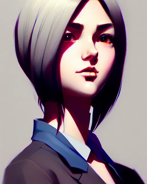 Image similar to a ultradetailed beautiful portrait panting of a stylish woman wearing a shirt with a tie, by ilya kuvshinov, greg rutkowski and makoto shinkai, trending on artstation