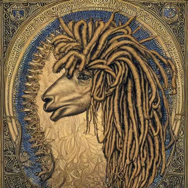 Image similar to llama with dreadlocks, detailed, by ernst haeckel, james jean, mandy jurgens, alphonse mucha, maxfield parrish