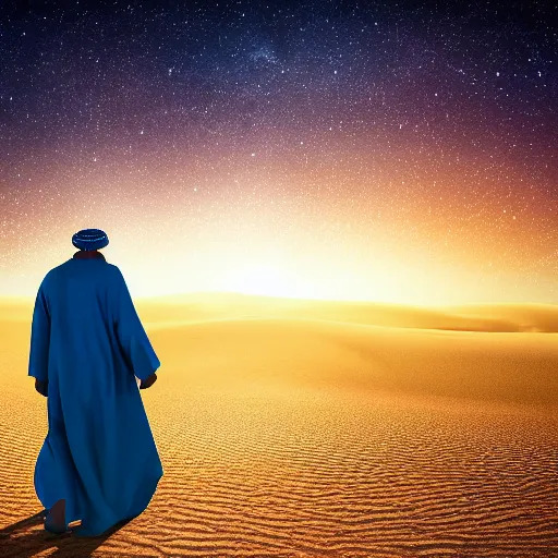 Prompt: Man in Biblical clothing walking through the middle eastern desert, night, cinematic, beautiful, award winning illustration