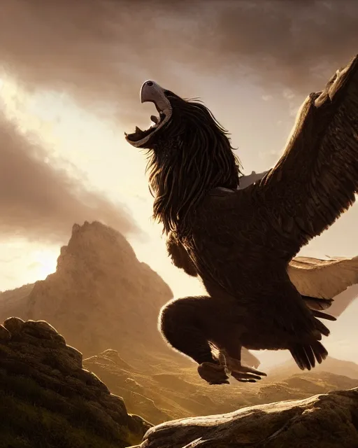 Prompt: human / eagle / lion / ox hybrid with two horns, one beak, mane and human body. beautiful dynamic lighting, cinematic, wide angle establishing shot, extremely high detail, photo realistic, cinematic lighting, post processed, concept art, artstation, matte painting, style by frederic church, raphael lacoste, unreal engine 8 k