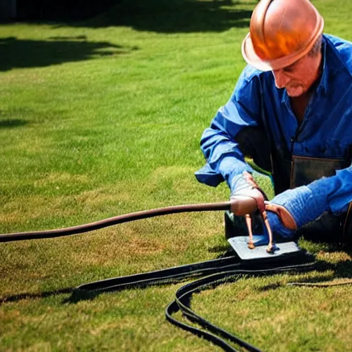 Prompt: “A man cutting a long copper cable on his lawn”