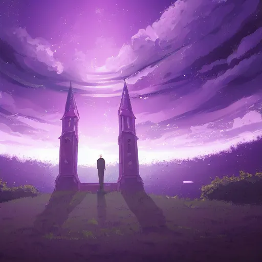 Prompt: purple church and wet ground under night sky,anime background for a half-length shot,very detailed,trending on artstation, view from below