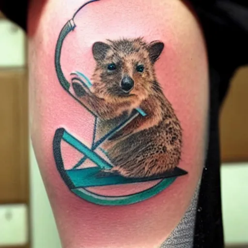 Image similar to a tattoo of a quokka riding a bicycle