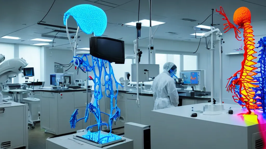 Image similar to a complex bifurcated surgical arm mri 3 d printer machine making colorful mutant forms with control panels in the laboratory inspection room, film still from the movie directed by denis villeneuve with art direction by salvador dali, wide lens