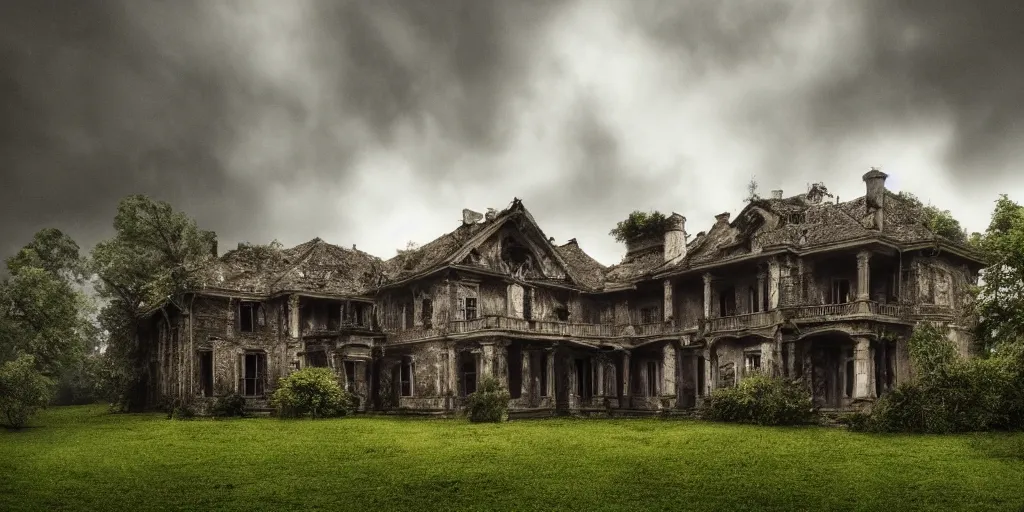 Image similar to a haunted old villa in the middle of an ancient forest, ominous Sky, gloomy atmosphere, cinematic, mist, High definition, 8k, ultra detailed