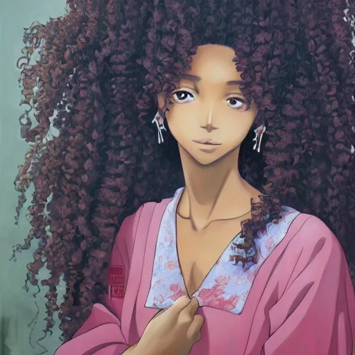 Image similar to a somali woman with curly hair, painting on a canvas, anime style, studio ghibli, contemplative, beautiful, surreal, detailed, dreamy