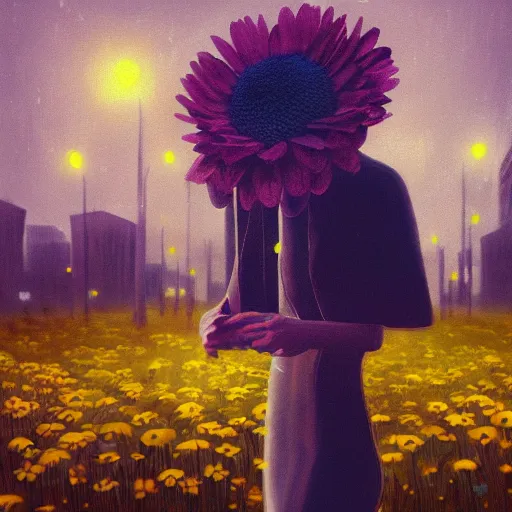 Image similar to closeup, huge daisy flower head, woman in modern city, surreal photography, night light, dark, impressionist painting, digital painting, artstation, simon stalenhag