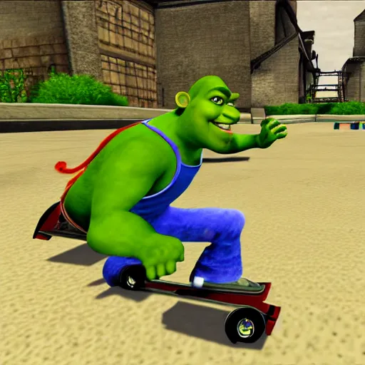 Prompt: shrek in tony hawk pro skater 2, screenshot