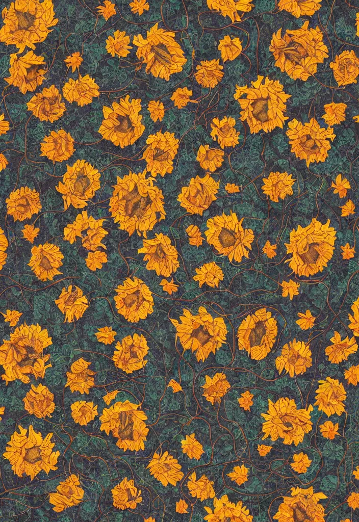 Image similar to mandala about withered sunflowers and dry nasturtiums with vines, dark moody tones