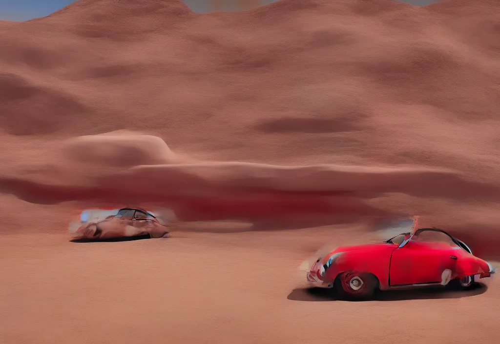 Prompt: “a red porsche 356 is parked in the middle of the desert, a matte painting by Scarlett Hooft Graafland, featured on unsplash, australian tonalism, anamorphic lens flare, cinematic lighting, rendered in unreal engine”