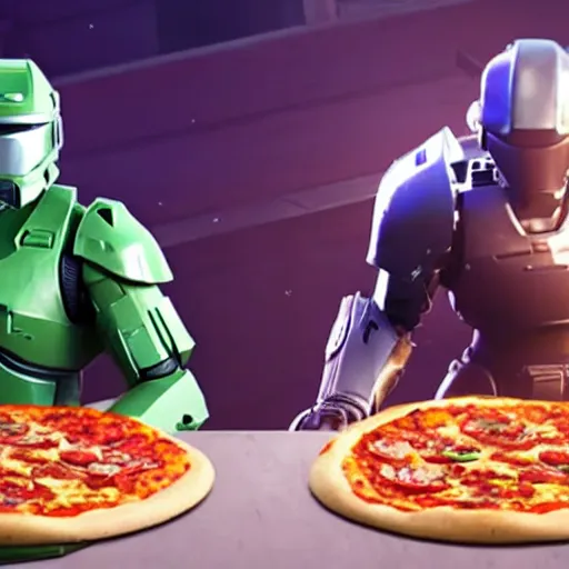 Prompt: Master Chief and Robocop share a pizza, candlelit date, a screenshot from Fortnite