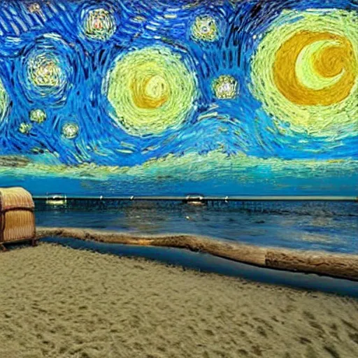 Image similar to tiki huts on beach in the style of starry night by Van Gogh