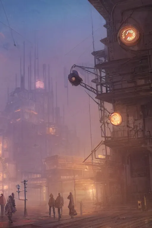 Image similar to a highly detailed matte painting of a soviet steampunk industrial zone in fog at night by studio ghibli, makoto shinkai, by artgerm, by wlop, by greg rutkowski, volumetric lighting, octane render, 4 k resolution, trending on artstation, masterpiece