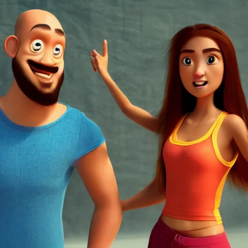 Image similar to young beautiful athletic Filipino woman with long hair standing beside a handsome caucasian athletic thin man with very short buzzed thinning hair, stubble beard on his face, blue eyes, they are posing, depicted as adult Pixar characters, high quality cg render, 4k