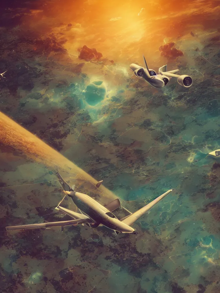 Prompt: the airplane flies across the sky, where it goes is in your mind. detailed concept art. octane render. hdr. volumetric lighting. colorful. space age. superscience. stunning. in the style of jean - claude mezieres. glowing. ornate and intricate linework. sharp focus. depth of field. dynamic lighting. ultrafine. hyperdetailed.