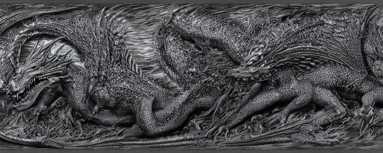 Image similar to full body, cross section of a large black scaled dragon, 3D, 8k resolution, by H R Giger