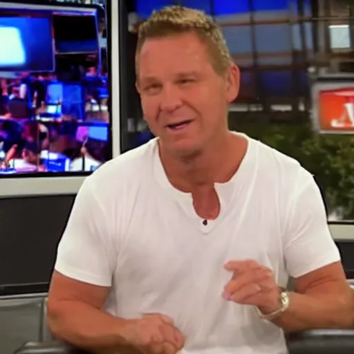 Prompt: the local news sports guy wearing a tattered white tanktop during a live broadcast, visibly drunk