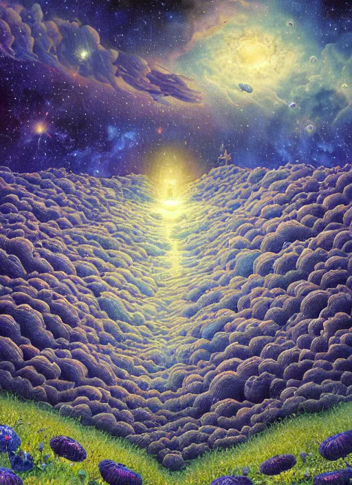 Image similar to detailed, intricate blue black and purple papaverum flower on the field, nebula, galaxy in the sky, winning award masterpiece, fantastically beautiful, illustration, aestheticly inspired, jacek yerka, upscale with anguissola sofonisba work, artstation, 8 k