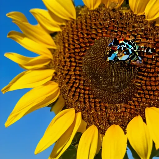 Prompt: photo, close up shot of honey bee on vibrant sunflower, golden hour