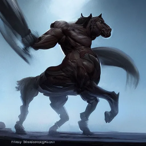 Prompt: a massive musclebound dark male anthro horse with mountainous muscles wearing a tight technological battle outfit and protecting a facility, equine, highly detailed, digital painting, artstation, sharp focus, game art, concept art, illustration, art by artgerm, greg rutkowski, wlop