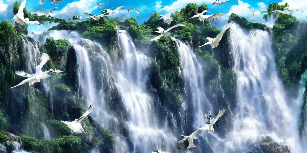 Prompt: a flock of seagulls fly over a majestic waterfall, realistic, detailed,