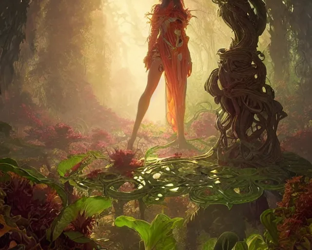 Prompt: drug acid trip forest garden giant vegetables, deep focus, d & d, fantasy, intricate, elegant, highly detailed, digital painting, artstation, concept art, matte, sharp focus, illustration, hearthstone, art by artgerm and greg rutkowski and alphonse mucha